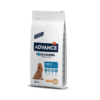 Sac de croquettes Advance Active Defense Adult Medium 10–30 kg, 1–7 ans, 14 kg, avec poulet et riz. Texte visible : New Formula, Scientifically Proven.