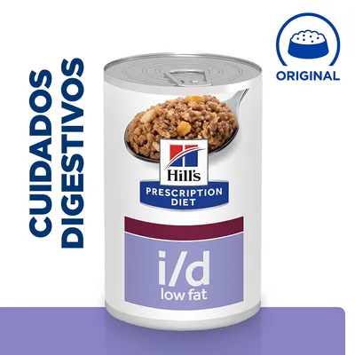 Lata de Hill's Prescription Diet i/d low fat com imagem do alimento, texto visível: 'CUIDADOS DIGESTIVOS' e símbolo de taça com a palavra 'ORIGINAL'.