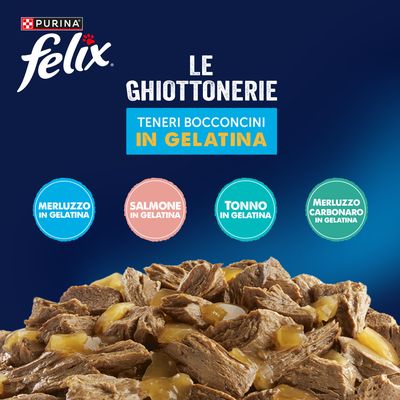 Felix Le Ghiottonerie in Gelatina 80 x 85 g - Varietà di pesce (Tonno, Salmone, Merluzzo, Merluzzo carbonaro)