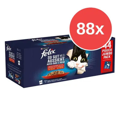 Balení Felix So gut wie es aussieht, 44x kapsička v želé, výběr z hovězího, kuřecího, kachního a jehněčího. Velký červený kruh s textem 88x. Balení Felix So gut wie es aussieht, 44x kapsička v želé, výběr z hovězího, kuřecího, kachního a jehněčího. Velký červený kruh s textem 88x.