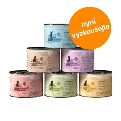 Šest konzerv catz finefood Classic s různými příchutěmi, viditelné texty: No animal testing, No added sugar, nyní vyzkoušejte.