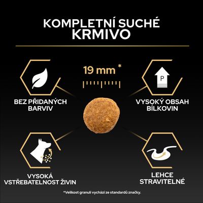 Kompletní krmivo ve formě granulí, velikost 19 mm, bez barviv, s vysokým obsahem bílkovin, vysokou vstřebatelností živin, lehce stravitelné.