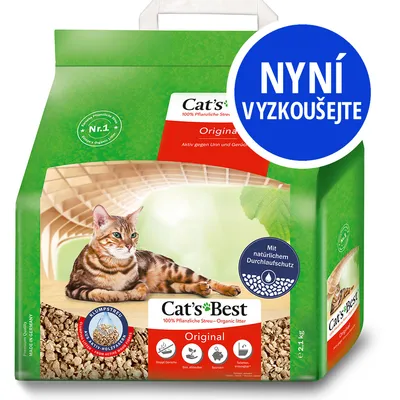 Balení Cat's Best Original 100% Pflanzliche Streu – Organic litter, obrázek kočky, nápisy: Aktiv gegen Urin und Gerüche, NYNÍ VYZKOUŠEJTE, Mit natürlichem Durchlaufschutz, 21,1 kg