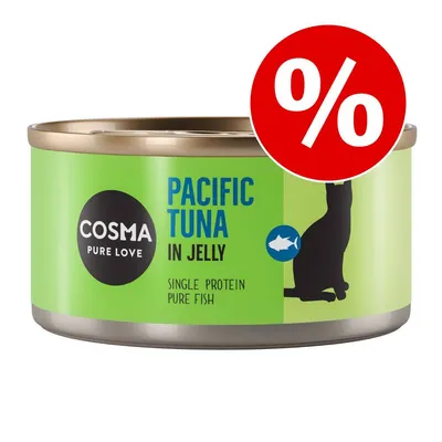 Blik Cosma Pure Love Pacific Tuna in Jelly, single protein pure fish. Grote rode kortingssymbool met procentteken zichtbaar op de verpakking.
