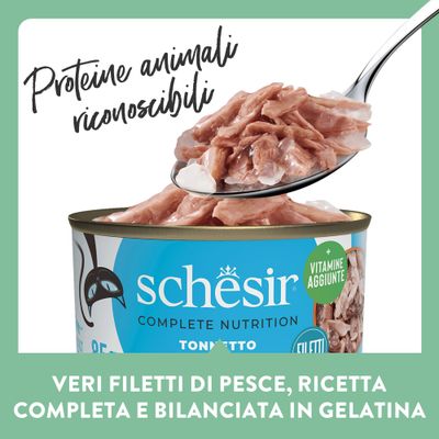 Schesir Mini Meal per gatti adulti, tonno in gelatina, 6x50g, filetti 100% naturali, con vitamine aggiunte.