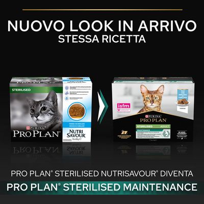 Nuovo look in arrivo, stessa ricetta. Pro Plan Sterilised Nutrisavour diventa Pro Plan Sterilised Maintenance. Immagine di entrambe le confezioni di cibo per gatti visibili.