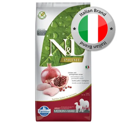 Farmina N&D Prime Adult Dog Medium & Maxi, ricetta pollo e melograno, marchio italiano, confezione da 12 kg. Testo visibile: Nutrition System for Carnivores. Farmina N&D Prime Adult Dog Medium & Maxi, ricetta pollo e melograno, marchio italiano, confezione da 12 kg. Testo visibile: Nutrition System for Carnivores.