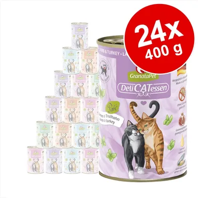 24 κονσέρβες GranataPet DeliCATessen 400g, γεύση αρνί & γαλοπούλα. Ετικέτα με δύο γάτες, κείμενο 'Paté', 'Lamm & Truthahn', εικονίδια χωρίς δημητριακά και ρόδι.