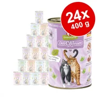 24 κονσέρβες GranataPet DeliCATessen 400g, γεύση αρνί & γαλοπούλα. Ετικέτα με δύο γάτες, κείμενο 'Paté', 'Lamm & Truthahn', εικονίδια χωρίς δημητριακά και ρόδι.