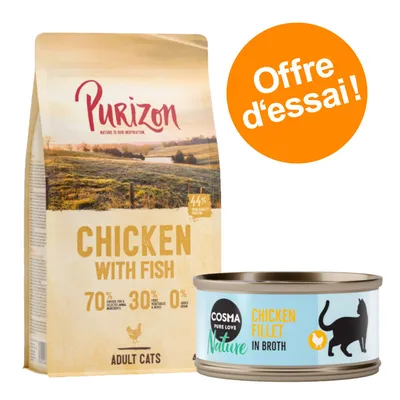 Purizon Chicken with Fish pour chats adultes, 70 % poulet et poisson, 30 % fruits et légumes, 0 % céréales. Cosma Nature Chicken Fillet in Broth. Offre d’essai !