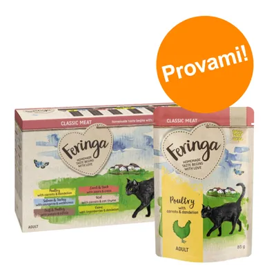 Feringa Classic Meat, confezione e bustina da 85 g con scritta 'Provami!' su bollino arancione. Gusto poultry with carrots & dandelion visibile, per adulti.