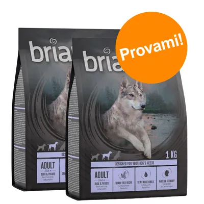 Due confezioni di briantos Adult Duck & Potato 1 kg, visibile scritta arancione 'Provami!', ricetta senza cereali, semi-umido, made in Germany.