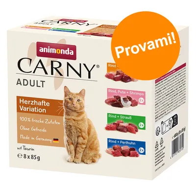 animonda Carny Adult Herzhafte Variation, 100% frische Zutaten, Ohne Getreide, Made in Germany, mit Taurin, 8x85g. Gusti: Rind, Pute + Shrimps, Rind + Strauß, Rind + Perlhuhn. Provami!