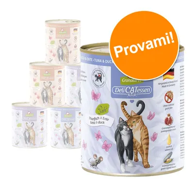 GranataPet DeliCATessen Paté Thunfisch & Ente, senza cereali, con melograno e olio di salmone. Etichetta arancione: Provami! Testo in inglese e tedesco visibile.