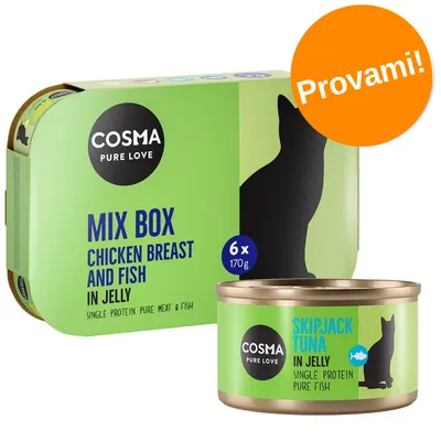Cosma Pure Love Mix Box Chicken Breast and Fish in Jelly, 6 x 170 g. Lattina: Skipjack Tuna in Jelly. Etichetta arancione con testo: Provami! Cosma Pure Love Mix Box Chicken Breast and Fish in Jelly, 6 x 170 g. Lattina: Skipjack Tuna in Jelly. Etichetta arancione con testo: Provami!