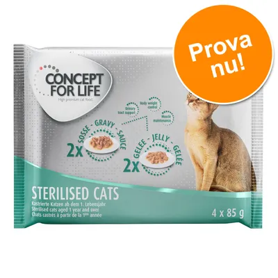 CONCEPT FOR LIFE STERILISED CATS våtfoder för kastrerade katter, 4 x 85 g, 2x sås, 2x gelé. Text: Prova nu!