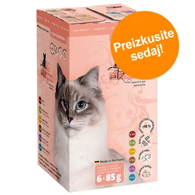 Pakiranje catz finefood Filet Collection, 6 x 85 g, slika mačke, oznaka 'Made in Germany', več barvnih ikon okusov, oranžen krog z besedilom 'Preizkusite sedaj!'.