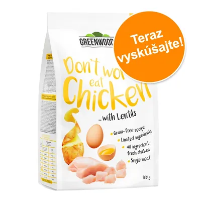 GREENWOOD Don't worry eat Chicken with Lentils, 400 g. Viditeľný text: Teraz vyskúšajte! Grain-free recipe, Limited ingredients, #1 ingredient: fresh chicken, Single meat.