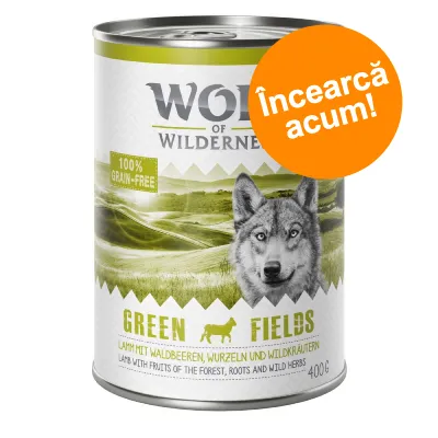 Conservă Wolf of Wilderness Green Fields 400g, etichetă cu text 100% grain-free și bulină portocalie cu mesajul „Încearcă acum!”