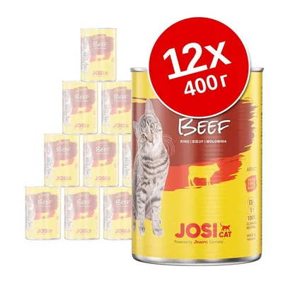 Набор из 12 консервов JosiCat Beef для кошек по 400 г. На банке изображён кот, надпись Beef и логотип JosiCat. Крупная красная метка: 12×400 г.