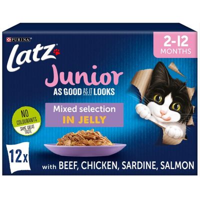 Purina Latz Junior As Good As It Looks, 2–12 kuukautta, Mixed selection in jelly, naudanliha, kana, sardiini, lohi, 12x annosta, ei väriaineita. Kissankuva pakkauksessa.
