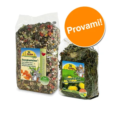 Due confezioni JR Farm: miscela per conigli nani 'Zwergkaninchen' e snack di tarassaco 'Löwenzahn', etichette visibili. Bollino arancione con testo: Provami!