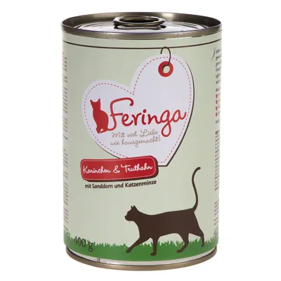 Feringa dåse med teksten: Mit viel Liebe wie hausgemacht! Kaninchen & Truthahn, mit Sanddorn und Katzenminze, 400 g. Silhuet af kat på forsiden.