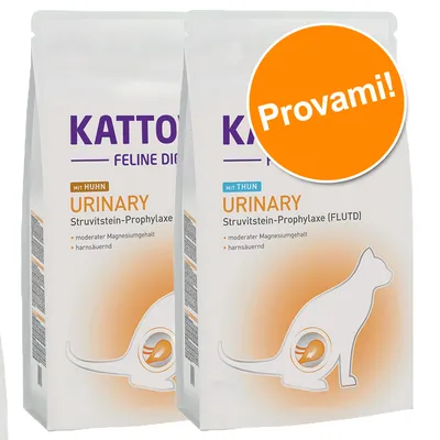 Due confezioni di Kattovit Feline Diet URINARY Struvitstein-Prophylaxe, una con pollo (MIT HUHN), una con tonno (MIT THUN). Bollino arancione con testo: Provami!