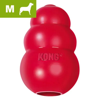 KONG rød hundelegetøj, størrelse M, synligt mærke KONG præget på produktet. Grøn felt med hvidt M og hundesilhuet øverst til venstre.