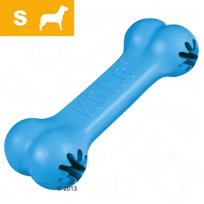 Blue bone-shaped chew toy with the word KONG embossed, shown in small size with a dog silhouette and letter S in the corner. Blue bone-shaped chew toy with the word KONG embossed, shown in small size with a dog silhouette and letter S in the corner.