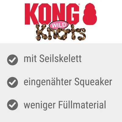 KONG Wild Knots. Mit Seilskelett, eingenähter Squeaker, weniger Füllmaterial.