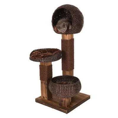 Kratzbaum aus braunem Holz und geflochtenem Material mit drei Ebenen: Höhle oben, Liegefläche mittig, Korb unten. Katze liegt in der oberen Höhle.