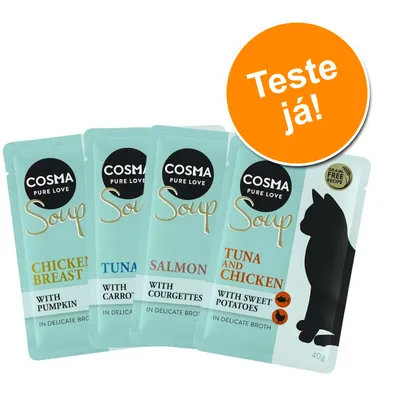 Quatro saquetas Cosma Soup: Chicken Breast with Pumpkin, Tuna with Carrots, Salmon with Courgettes, Tuna and Chicken with Sweet Potatoes. Selo laranja com texto: Teste já!