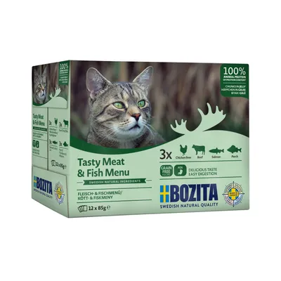 Balení Bozita Tasty Meat & Fish Menu, 12×85 g, s obrázkem kočky. Text: 100% animal protein, 3× chicken liver, beef, salmon, perch, grain free, delicious taste, easy digestion.