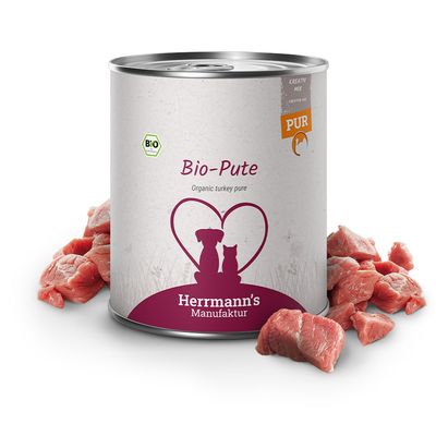 Herrmann's Manufaktur Bio-pavo, mezcla creativa para perros y gatos. Producto ecológico certificado con símbolo de corazón y siluetas de perro y gato.