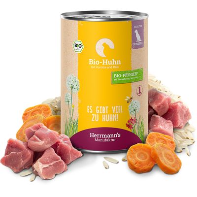Herrmann's Manufaktur Bio-Huhn mit Karotte und Reis, 24x400g. BIO-PIONIER, Es gibt viel zu Huhn! Látható: bio tanúsítvány embléma.