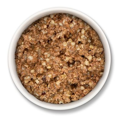 Herrmann's Manufaktur Bio-tacchino con riso, Classic Menü. Certificato biologico visibile. Silhouette di cane e donna su lattina arancione.