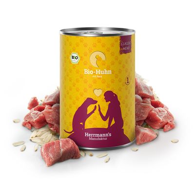 Herrmann's Manufaktur Classic Menü pollo biologico con riso, alimento complementare per cani, certificato biologico DE-ÖKO-001.