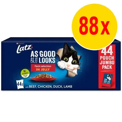 Latz As Good As It Looks Farm selection in jelly, 44x portions med nötkött, kyckling, anka, lamm. Stor gul cirkel med röd text: 88x. Text: 44 pouch jumbo pack.