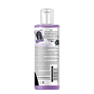 Back label of lavender and chamomile 4 in 1 shampoo bottle showing product description, directions, ingredients, barcode, website, and social media icons.