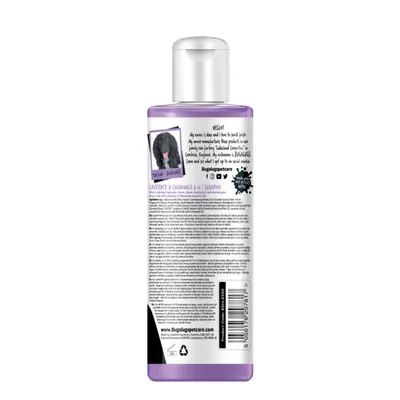 Back label of lavender and chamomile 4 in 1 shampoo bottle showing product description, directions, ingredients, barcode, website, and social media icons.
