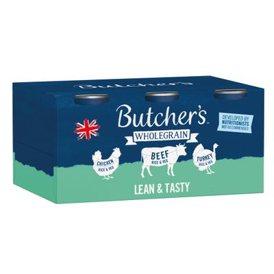 Butcher's Wholegrain LEAN & TASTY, Chicken Rice & Veg, Beef Rice & Veg, Turkey Rice & Veg, developed by nutritionists, recommended by veterinarians.