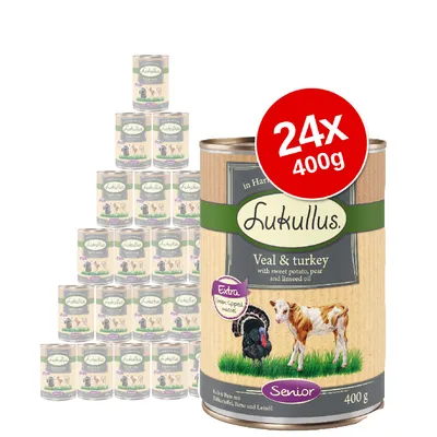 Lukullus Veal & turkey with sweet potato, pear and linseed oil, Senior, 24 x 400g tins. Large red badge shows '24x 400g'. Visible text: Extra green-lipped mussel.