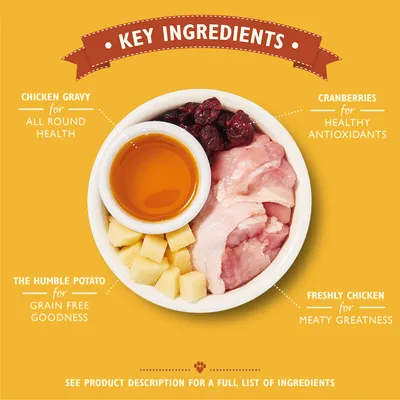 Key ingredients: chicken gravy for all round health, cranberries for healthy antioxidants, the humble potato for grain free goodness, freshly chicken for meaty greatness.