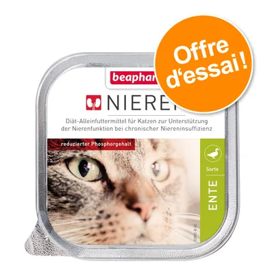 Barquette beaphar Nieren pour chat, texte allemand sur le soutien de la fonction rénale, offre d’essai, variété canard, mention « réduit en phosphore » visible.