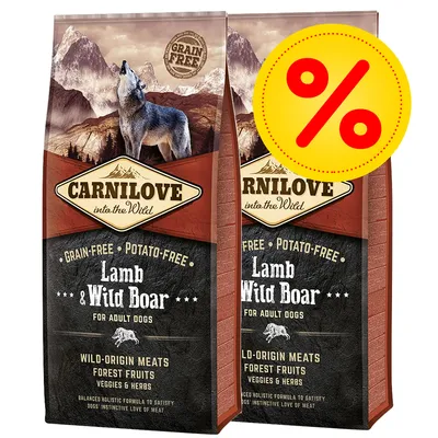 Deux sacs Carnilove into the Wild Lamb & Wild Boar pour chiens adultes, texte visible : grain-free, potato-free, viandes d’origine sauvage, fruits de forêt, légumes et herbes, symbole de réduction.
