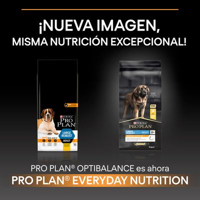 Comparativa de envases: Purina Pro Plan Optibalance Large Robust Adult y Purina Pro Plan Everyday Nutrition Large Robust Adult. Texto: Nueva imagen, misma nutrición excepcional.