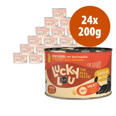 24x200g Lucky Lou Geflügel mit Pastinaken, per adulti. Testo visibile: The real taste! Meat! >96%. Made in Germany. Poultry with parsnips.