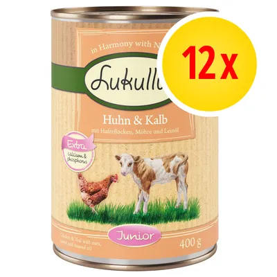 Confezione da 12 x 400 g Lukullus Huhn & Kalb Junior, visibili testo 'Extra calcium & phosphorus', ingredienti: pollo, vitello, avena, carota, olio di lino.