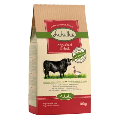 Lukullus Adult kutyatáp, angus marha és kacsa, hidegen sajtolt, természetes receptúra, 10 kg csomag.